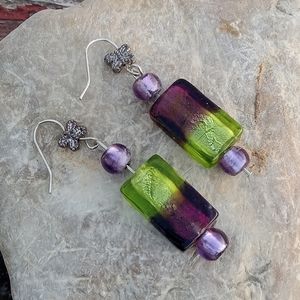 Glass Purple&Green Beaded Dangle Earrings Silvertone with Etched Accents